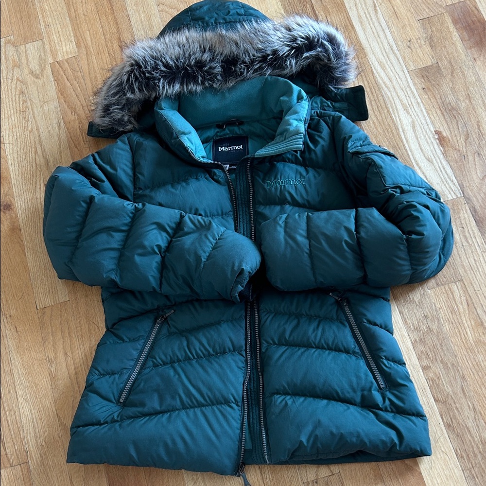 Marmot Dark Teal Puffer Jacket with Faux Fur Trim